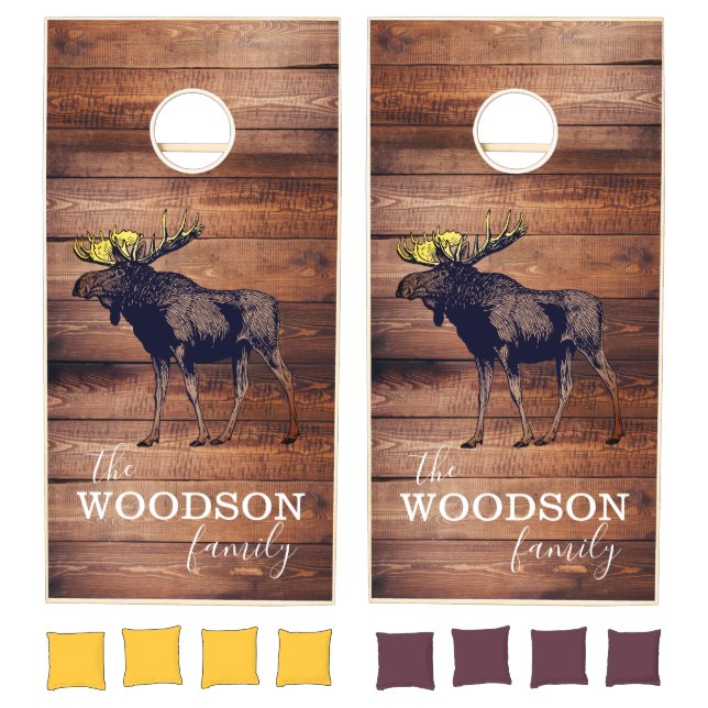 Rustic Wood Family Name Woodlands Moose  Cornhole Set (Set)