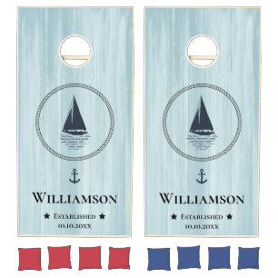 Rustic Wood Family Nautical Sailboat Monogrammed Cornhole Set