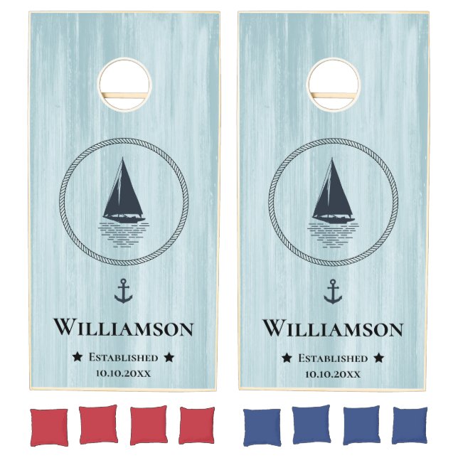 Rustic Wood Family Nautical Sailboat Monogrammed Cornhole Set (Set)
