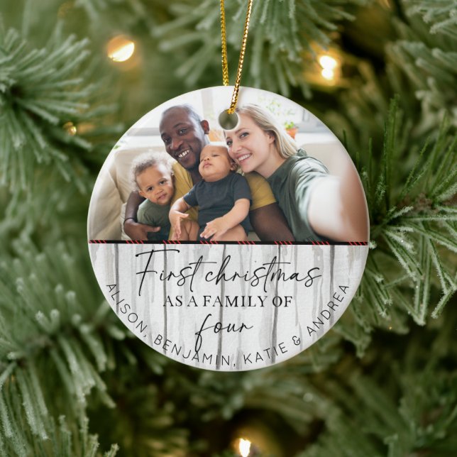 Rustic Wood Family Photo 1st Christmas Ceramic Ornament (Tree)