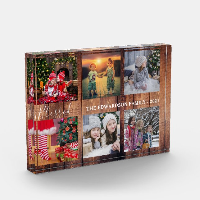 Rustic wood family photo collage blessed script (Left)