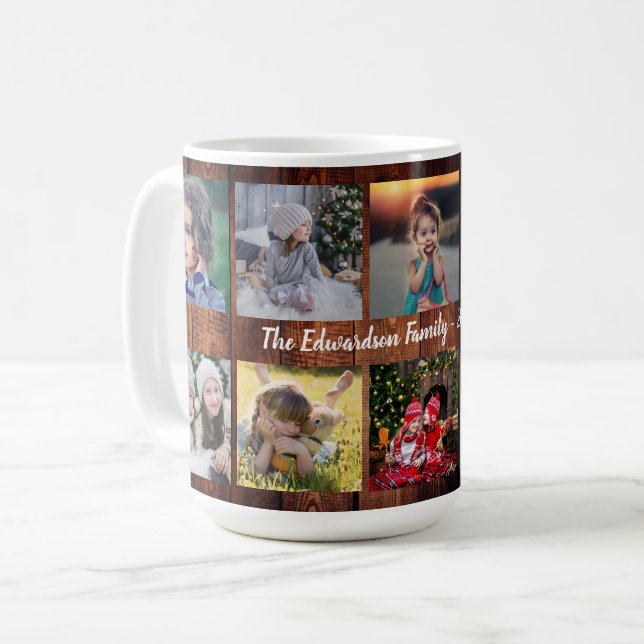 Rustic wood  family photo collage family name coff coffee mug (Front Left)