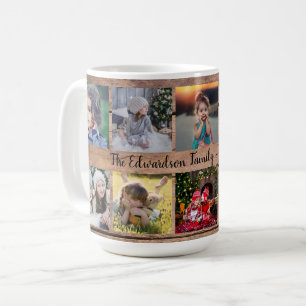 Rustic wood family photo collage family name coffee mug