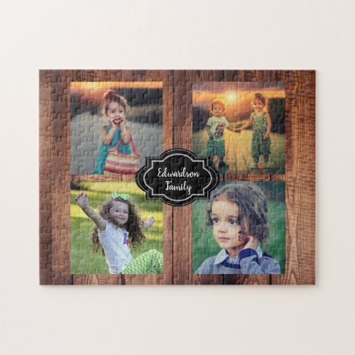 Rustic wood family photo collage family name jigsaw puzzle