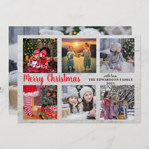 Rustic wood family photo collage Merry Christmas Holiday Card