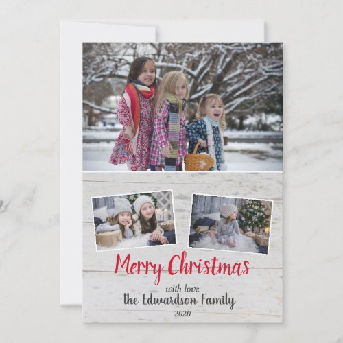 Rustic wood family photo collage Merry Christmas Holiday Card