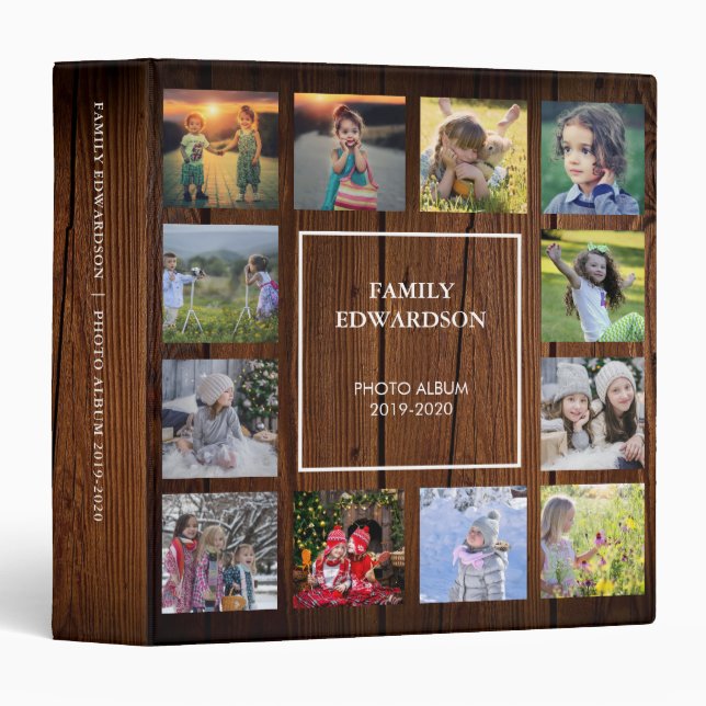 Rustic wood family photo collage monogram name 3 ring binder (Front/Spine)