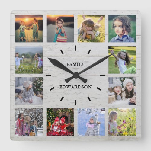 Rustic wood Family photo collage monogram name Square Wall Clock