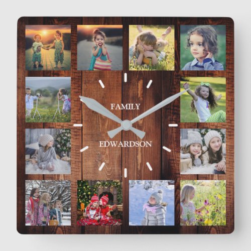 Rustic wood Family photo collage monogram name Square Wall Clock