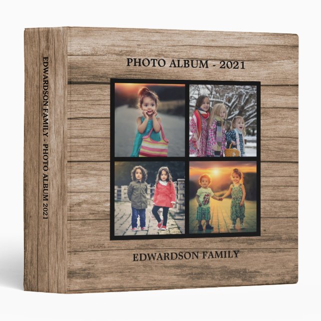 Rustic wood family photo collage photo album 3 rin 3 ring binder (Front/Spine)