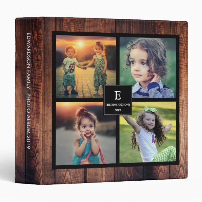 Rustic wood family photo collage photo album 3 ring binder (Front/Spine)