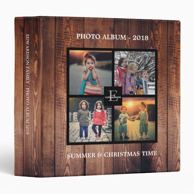 Rustic wood family photo collage photo album 3 ring binder (Front/Spine)