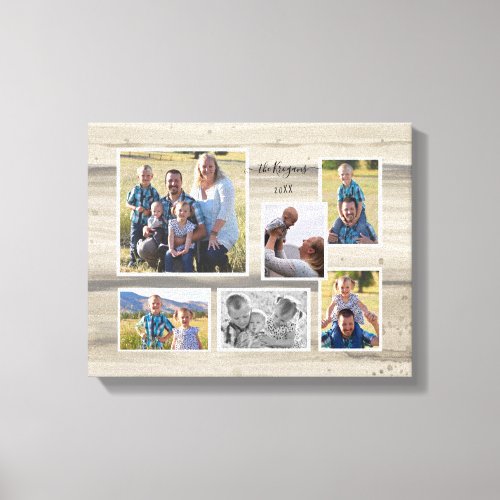 Rustic Wood Family Photo Collage Script Name 6  Canvas Print