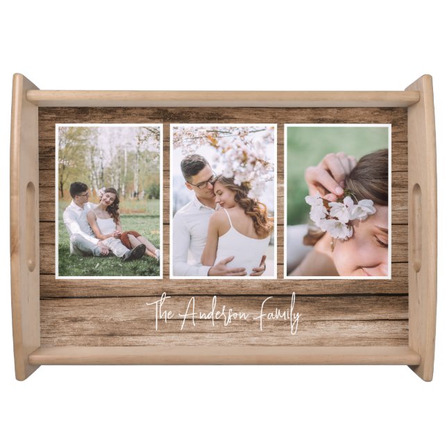 Rustic Wood Family Photo Collage Serving Tray (Front)