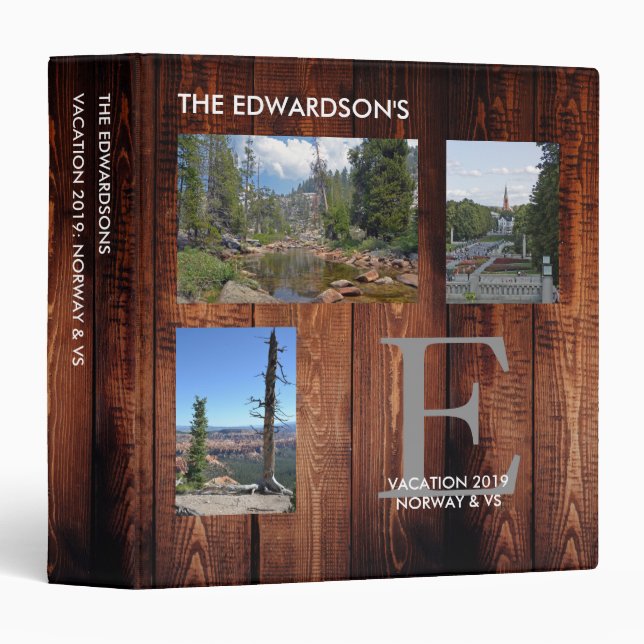 Rustic wood family photo collage travel vacation 3 ring binder (Front/Spine)