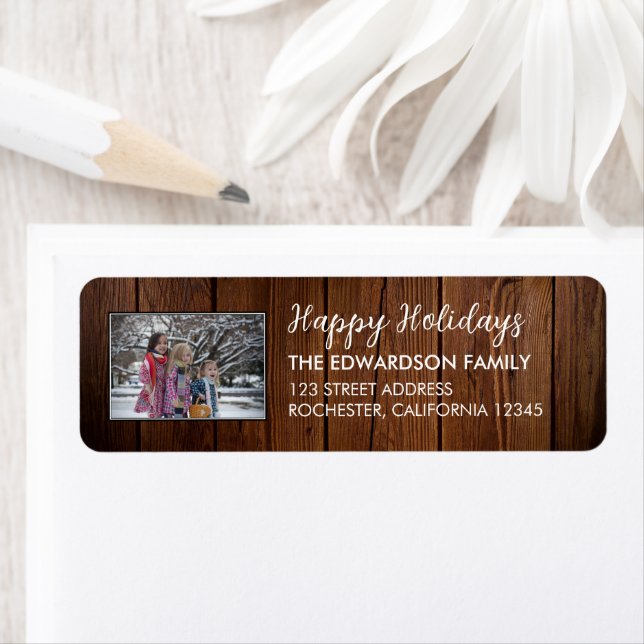 Rustic wood family photo Happy Holidays Christmas  Label (Insitu)