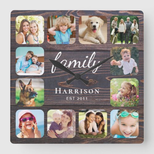 Rustic Wood Family Photo Personalized Square Wall Clock