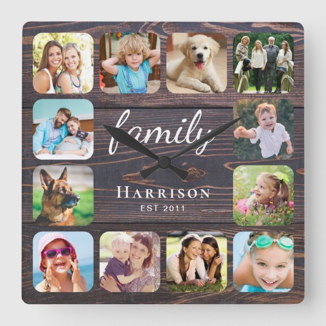 Rustic Wood Family Photo Personalized Square Wall Clock (Front)