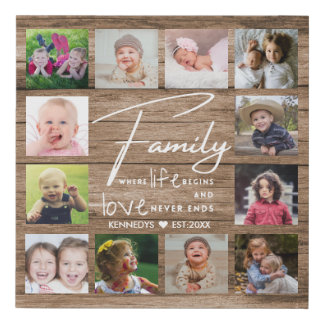 Rustic Wood Family Quote 12 Photo Collage Faux Canvas Print
