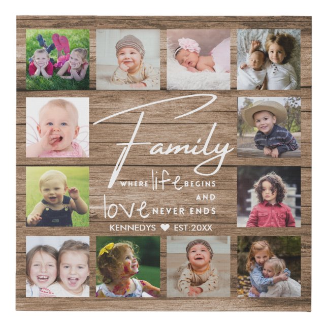 Rustic Wood Family Quote 12 Photo Collage    Faux Canvas Print (Front)