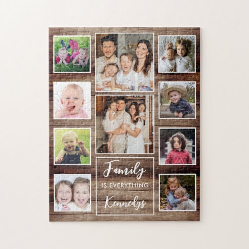 Rustic Wood Family Quote Name 10 Photo Collage Jigsaw Puzzle