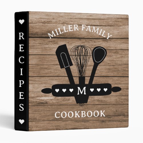 Rustic Wood Family Recipe Monogrammed Cookbook 3 Ring Binder
