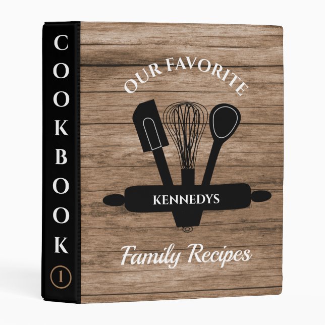 Rustic Wood Family Recipe Personalized Cookbook   Mini Binder (Front/Spine)