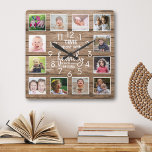 Rustic Wood  Family Time Quote 12 Photo Collage Square Wall Clock<br><div class="desc">Rustic wood photo clock with the inspiring family quote "Time spent with family is worth every second”. Personalize with 12 of your favorite family pictures.</div>