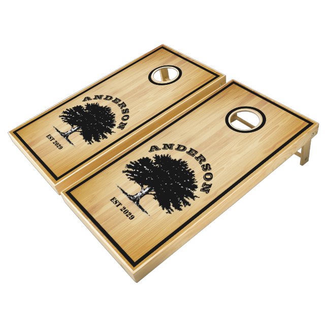 Rustic Wood Family Tree Personalized Cornhole Set (Angled)