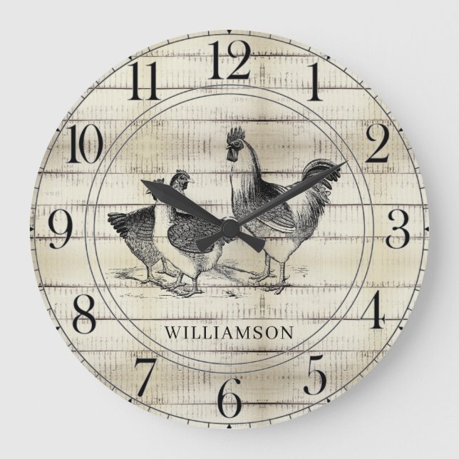 Rustic Wood Farm House Family Name  Large Clock (Front)