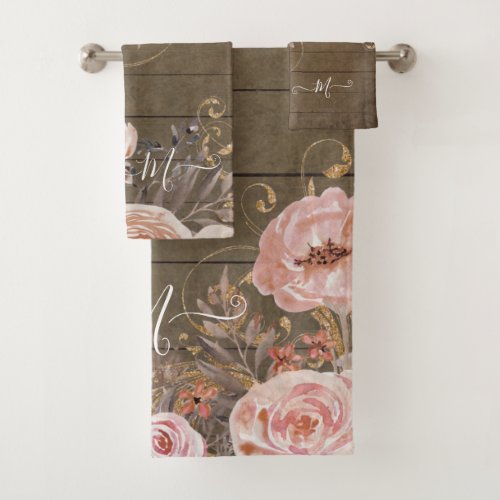 Rustic Wood Farmhouse Blush Pink Watercolor Floral Bath Towel Set