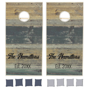 Rustic Wood Farmhouse Charm Family Name Cornhole Set
