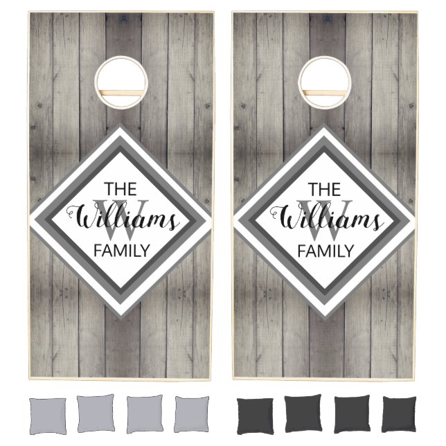 Rustic Wood Farmhouse Chic Monogram Family Name Cornhole Set (Set)