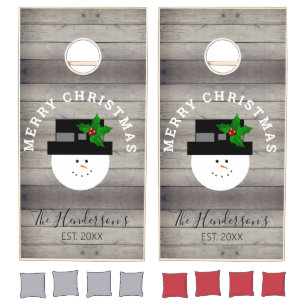 Rustic Wood Farmhouse Christmas Snowman Customized Cornhole Set