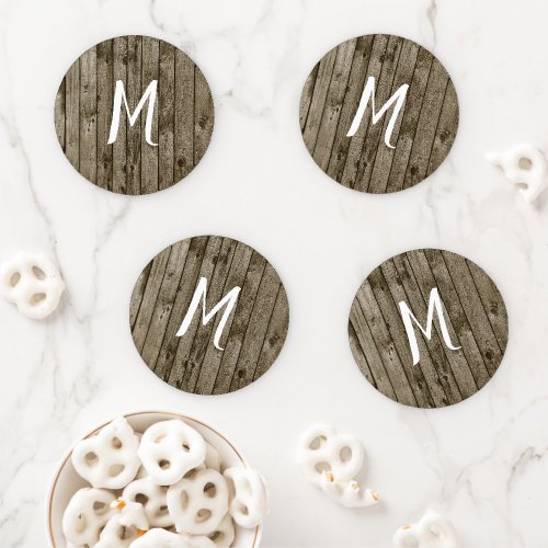 Rustic Wood Farmhouse Country Wedding Monogram Coaster Set