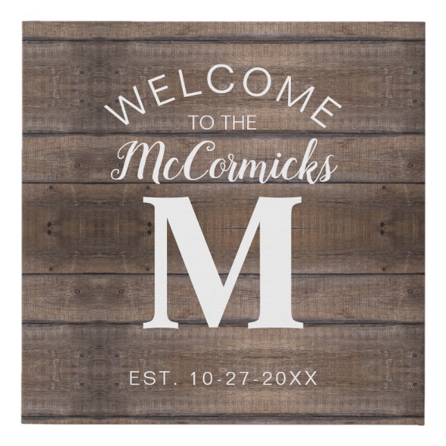 Rustic Wood Farmhouse Family Established Monogram Faux Canvas Print (Front)