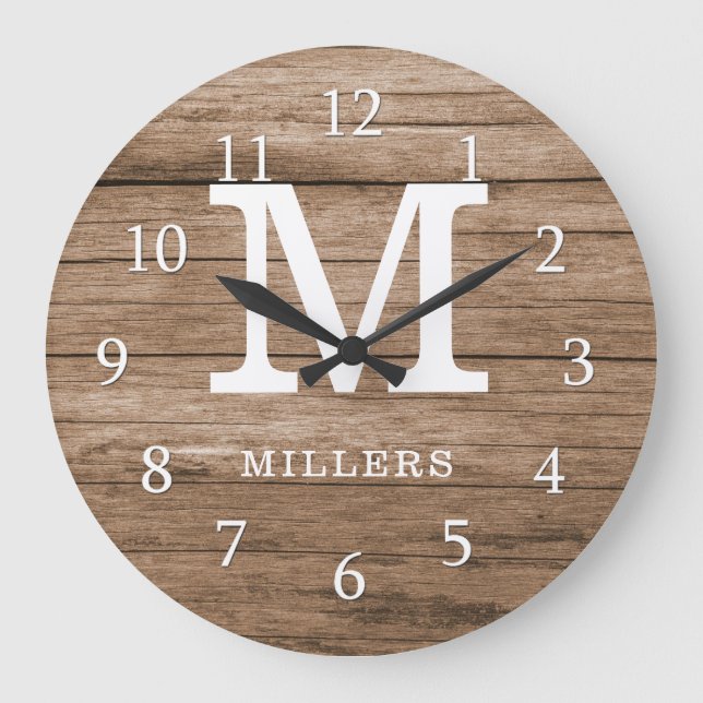 Rustic Wood Farmhouse Family Monogram Large Clock (Front)