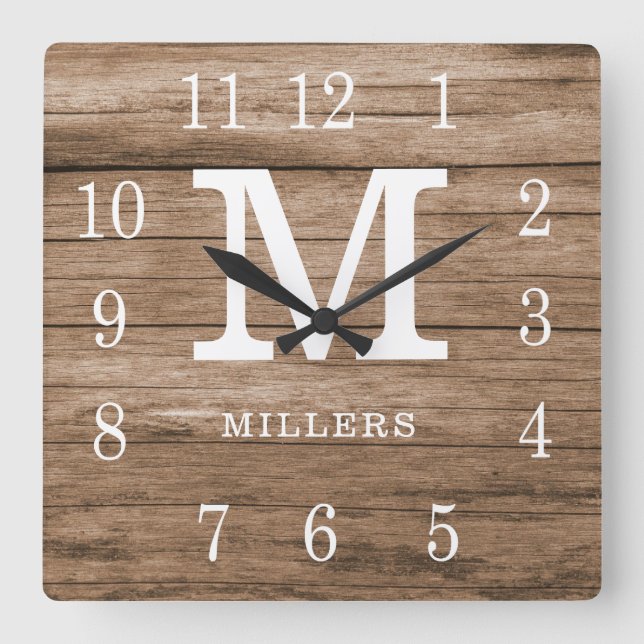 Rustic Wood Farmhouse Family Name Custom Monogram Square Wall Clock (Front)
