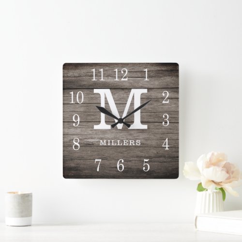 Rustic Wood Farmhouse Family Name Custom Monogram Square Wall Clock