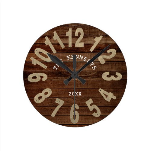 Rustic Wood Farmhouse Family Name Large Numbers Round Clock