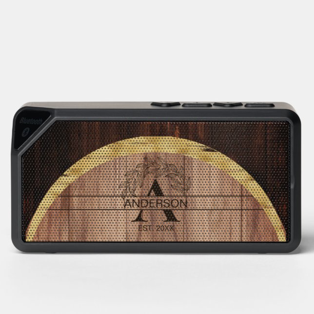 Rustic Wood Farmhouse Family Name Monogram Bluetooth Speaker (Front)