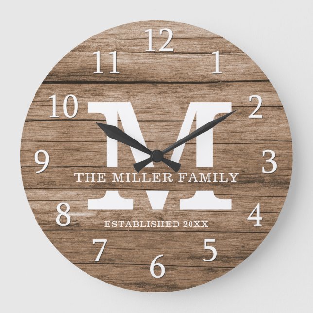 Rustic Wood Farmhouse Family Name Monogram Large Clock (Front)