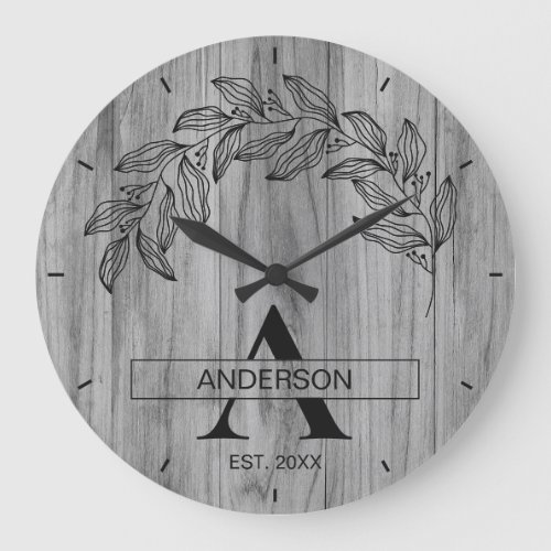 Rustic Wood Farmhouse Family Name Monogrammed Large Clock