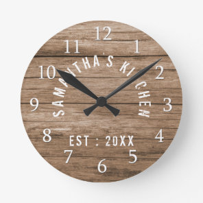 Rustic Wood Farmhouse Kitchen Personalized Round Clock