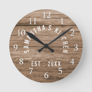 Rustic Wood Farmhouse Kitchen Personalized Round Clock