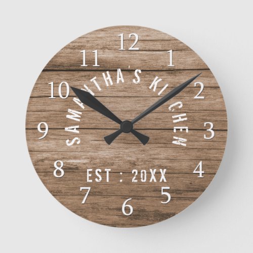 Rustic Wood Farmhouse Kitchen Personalized Round Clock