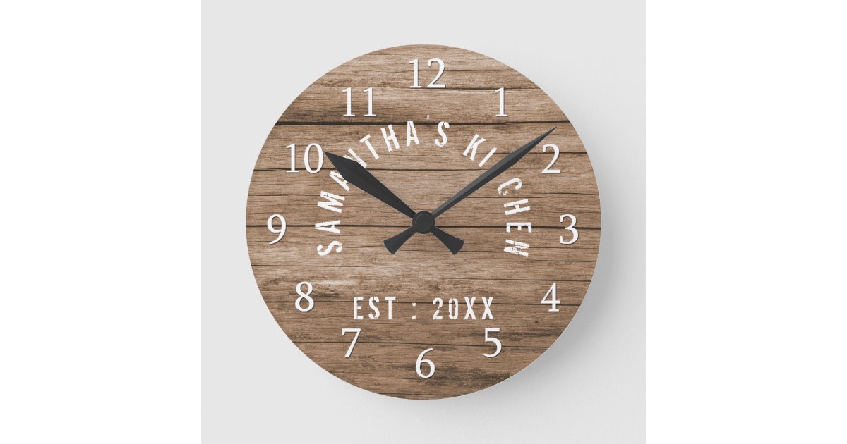 Rustic Wood Farmhouse Kitchen Personalized Round Clock