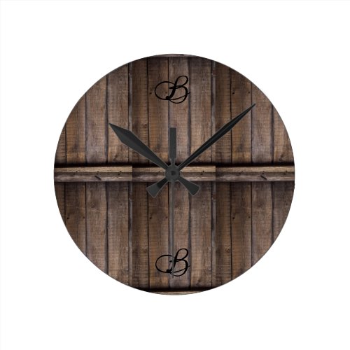 Rustic Wood Farmhouse Monogram Round Clock