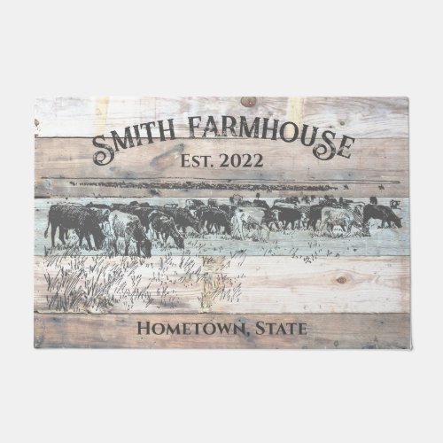 Rustic Wood Farmhouse Style Cattle Family Name Doormat