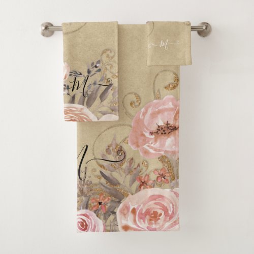 Rustic Wood Farmhouse Tan n Pink Watercolor Floral Bath Towel Set